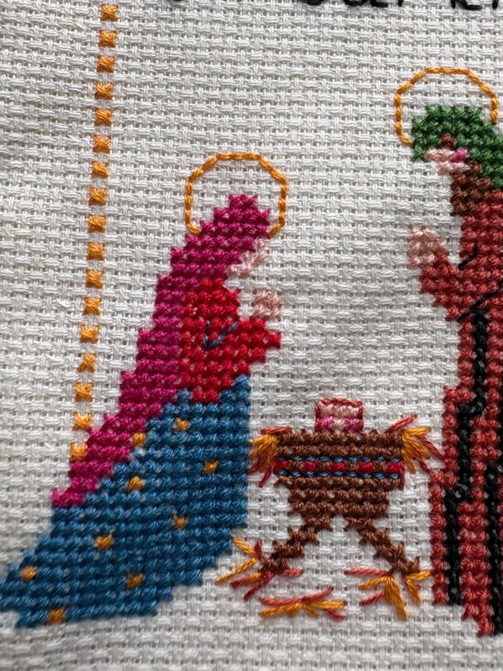Vintage Handmade Cross Stitch Nativity Wall Hanging with Brass Hanger & Bell – C - Picture 3 of 6